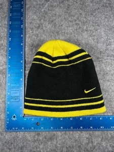 Nike Beanie Toque Youth One Size Black Yellow Stripe Knit Acrylic Swoosh Logo - Picture 1 of 8