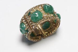 HOBE Wide Gold Plated Green Poured Glass Crystal Bangle Bracelet