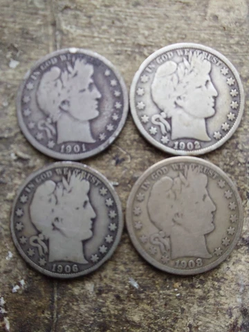 4 - BARBER HALF $ DOLLARS SILVER 1901 S, 1902, 1906D, & 1908 D Cover