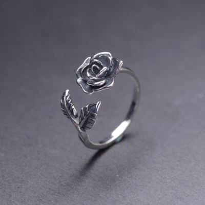 S925 Pure Sterling Silver Women Lucky Rose Flower Leaf Band Adjustable Ring - Image 1 of 4