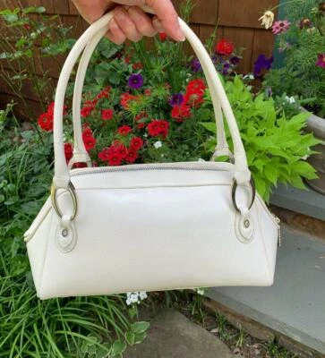 Authentic JUDITH LEIBER Creme Karung Snakeskin Handbag Satchel East West - Image 1 of 4