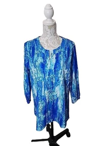 MISSLOOK Women's Watercolor Blue And White 3/4 Sleeve Tunic Top XXL Art Wear - Picture 1 of 9