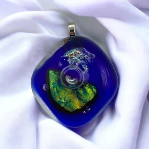 Dichroic Glass Pendant Fused Handmade Crafted Dark Blue Silver Green - Picture 1 of 4