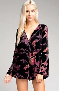 Wild Moss Velvet Burnout Romper Black Pink Floral Bell Sleeve Lightweight Size L - Picture 1 of 6