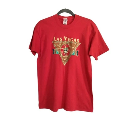 Camiseta Vintage Masculina XXL Las Vegas Ouro Vermelho Texturizado Estampa Ocidental Fabricada nos EUA - Imagem 1 de 4