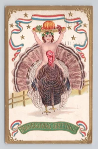 Thanksgiving Postcard Turkey with Nude rider - Picture 1 of 2
