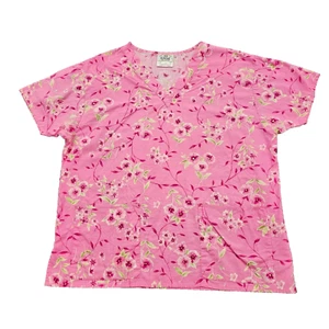 Crest Cottons Scrub Top Womens Large pink floral V Neck Pockets 100% Cotton - Picture 1 of 15