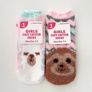 Girls Cozy Fuzzy Critter Socks Shoe Size 7-3 Llama Sloth 2 Pair - Picture 1 of 7