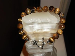 MEN'S HANDMADE 8 1/2" 10 MM YELLOW TIGER'S EYE STONE BEADED BRACELET  - Picture 1 of 10