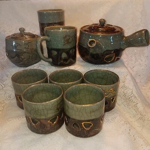 Lote de 10 Juego de Té Somayaki Japonés Esmalte Craquelado Verde Caballo Dorado - Imagen 1 de 24