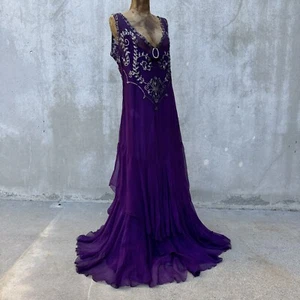 Vintage 1930s Purple Silk Chiffon Dress Faceted Rhinestones Maxi Ruffles Bias - Picture 1 of 24