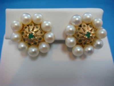 14K YELLOW GOLD PEARL CLUSTER & EMERALD CLIP ON EARRINGS FOR NON-PIERCED EARS - Image 1 of 4