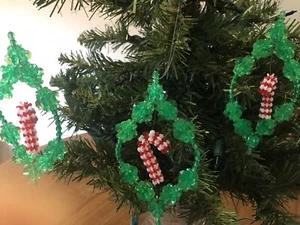 3 Beaded Festive Frames with Candy Cane Christmas Tree Ornaments - Picture 1 of 2