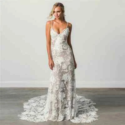 Boho Mermaid Wedding Dresses Spaghetti Strap Backless Lace Applique Bridal Gowns - Image 1 of 4