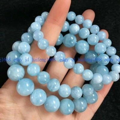Hübsch 6/8/10/12mm Blau Aquamarin Edelstein Rund Perlen Elastisch Armband 19cm - Bild 1 von 4