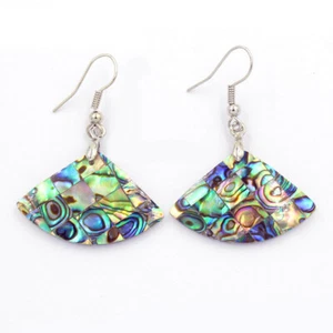 New Natural Abalone Shell Fan Shaped Mystic Color Silver Earrings for Women - Picture 1 of 6