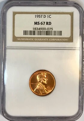 1957-D Lincoln Wheat Cent NGC MS67 Rich Lustrous Copper Red PCGS List $400.00 - Image 1 of 2