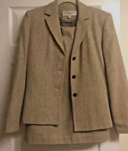 Larry Levine Tan Beige Herringbone Wool 2-piece Winter Fall Skirt Suit Jacket 8 - Picture 1 of 22