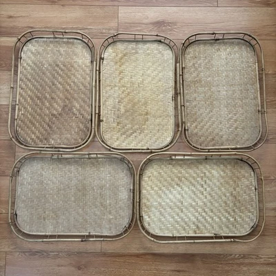 Woven Bamboo Rattan Wicker Serving Lap Trays Tiki Bar 19"x 13" Lot of  5 Vintage - Image 1 of 4