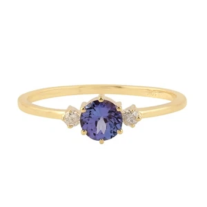 10K Yellow Gold Tanzanite & Diamond Three Stone Ring Women Dainty Fine Jewelry - Picture 1 of 7
