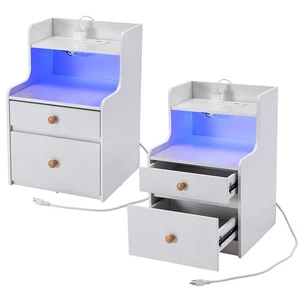 2 Drawers LED Nightstand with Charging Station End Side Table Open Storage - Picture 1 of 9