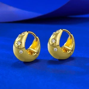 Lab Grown Diamond Eight-Point Star Huggie Gold Earrings, 18K Gold Vermeil Finish - Picture 1 of 6