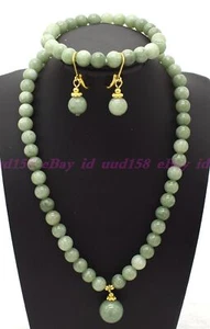 "Set Collana Orecchini Perline Pietra Preziosa Rotonda Giada Verde 6/8/10 mm AAA 18" - Foto 1 di 3