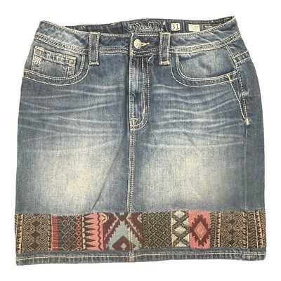 Falda corta recta Miss Me para mujer 31 azul denim tiro alto tapiz azteca Foto 1 de 4