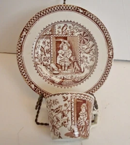 Charles Allerton Little Mae & Pets Brown Transferware Childs Cup & Plate 1880s - Picture 1 of 11