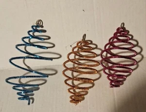 Set Of 3 Spiral Spring Coiled Ornaments Metal Blue, Orange, Magenta - Picture 1 of 5