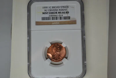1999 Lincoln Cent- Broad Struck With Obverse Indent- NGC MS-66 RD - Image 1 of 4