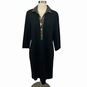 J. McLaughlin The Falcon Dress Black Ponte Knit Vegan Leather Collar Toggle Sz L - Picture 1 of 16