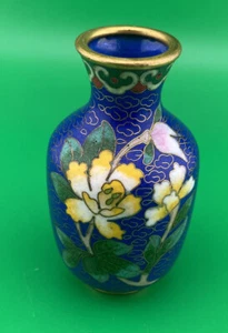 Antique Vintage Chinese Cloisonne Enamel Blue Gold Vase w/Wooden Base/Stand - Picture 1 of 6