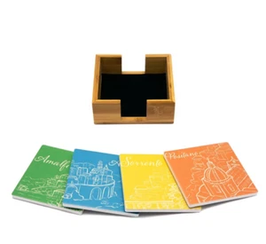 THIRSTYSTONE COASTAL CITIES DOLOMITE COASTERS TRIVET 4.25" SET OF 4 W/ HOLDER - Picture 1 of 7