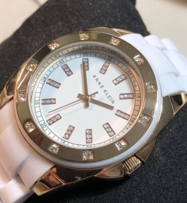 Anne Klein Watch Crystal Accented White & Rose Gold Tone Wristwatch New Battery - Image 1 of 4