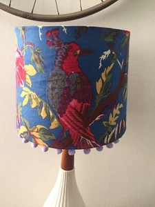 New Boho Lamp Shade With Bird Floral Fabric With Pom Poms Handmade - Picture 1 of 3