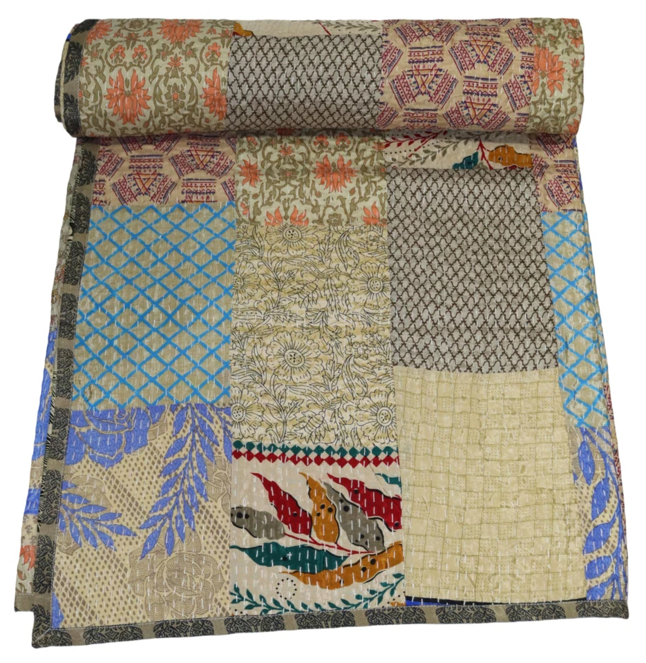 Indian Handmade Silk Patola Kantha Quilt ,Vintage Throw Blanket, Boho Bedspread - Image 1 of 1