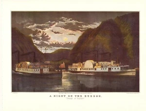 Currier & Ives Night on the Hudson River 1952 rueda de paleta impresión 12x15 litografía - Imagen 1 de 2