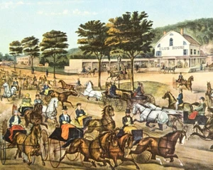 Currier Ives TROTTERS ON HARLEM LANE NY Print Vintage Bookplate Litho  Art Old - Picture 1 of 5