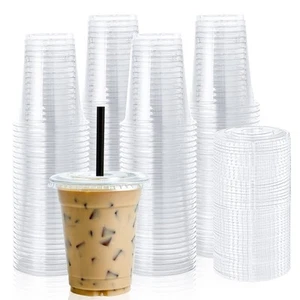 100 Set 12Oz Clear Plastic Cups with Flat Lids Disposable Drinking Cups 12 Oz Pl - Picture 1 of 8