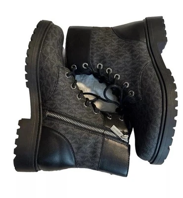 Nuevas botas de combate Michael Kors de cuero sintético negras/grises con logotipo para mujer, talla 7,5 Foto 1 de 4