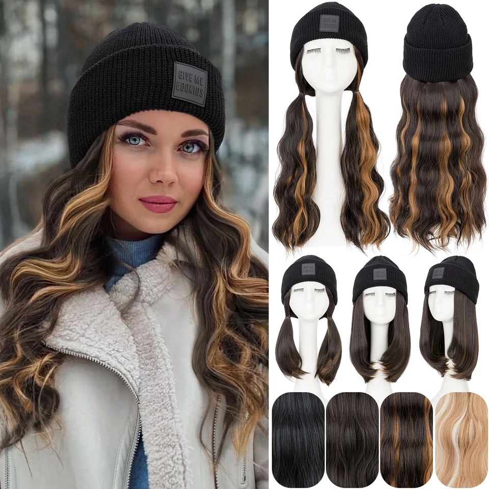 Peluca de Invierno Sombrero con Pelo Adjunto para Mujer Tejido Gorro Pelucas Invierno Sombrero Cálido Foto 1 de 4