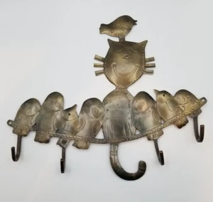 Rustic Metal Cat And Birds Decorative Wall Mount Coat Rack w/ 4 Hooks - Picture 1 of 10