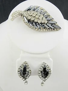 Vintage Hematite & Clear Rhinestone Leaf Brooch & Clip On Earrings SET - Picture 1 of 10