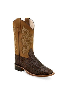Old West Brown/Tan Youth Boys Leather Faux Gator Cowboy Boots - Picture 1 of 2