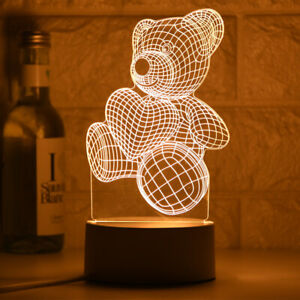 3D LED Light Teddy Bear Heart Illusion Night Change Desk Table Lamp Decor Gift.