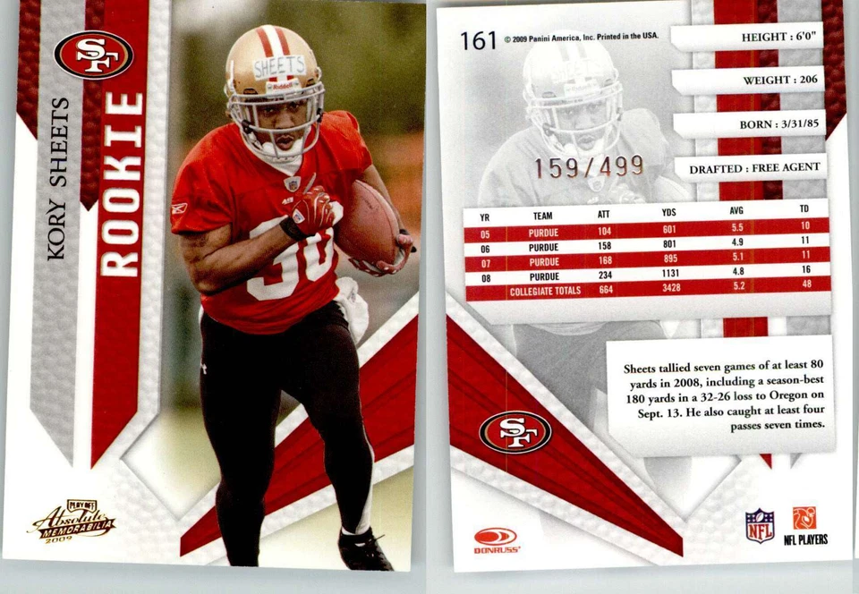 Kory Sheets 2009 Absolute Memorabilia #161 /499 49ers RC Rookie - Image 1 of 1