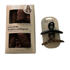 Kitsch BUNDLE XL Satin Heatless Curling Set Brown,3pk, Large Claw Clips 2pc, NWT - Picture 1 of 6