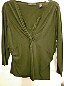 Context Faux Wrap Black Lace Under V-Neck Long Sleeve Knit Blouse Top $65 NWT L - Picture 1 of 10