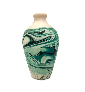 Vintage Nemadji Handmade USA Pottery Vase White & Shades of Teal/Green, Black - Bild 1 von 19
